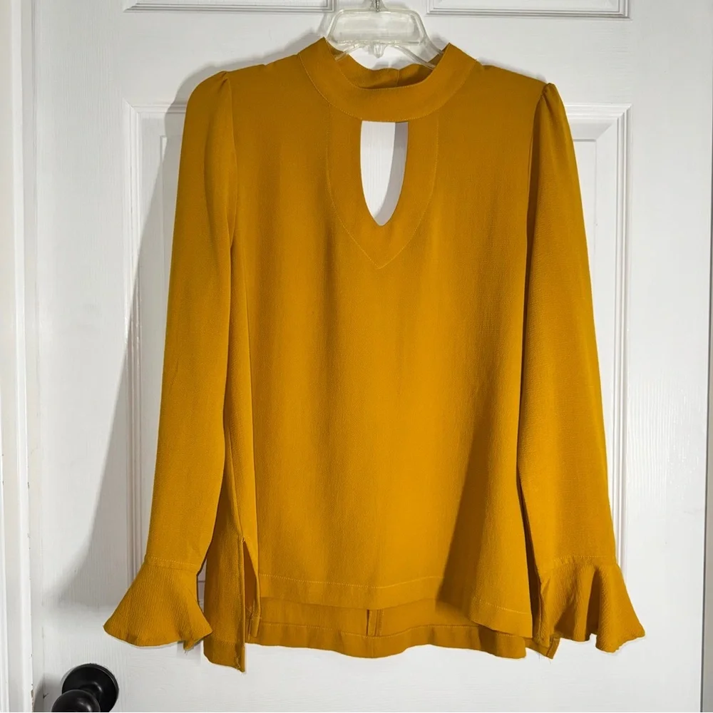 JODIFL Golden Mustard Yellow Double Keyhole Long Sleeve Blouse Wrist Ruffles